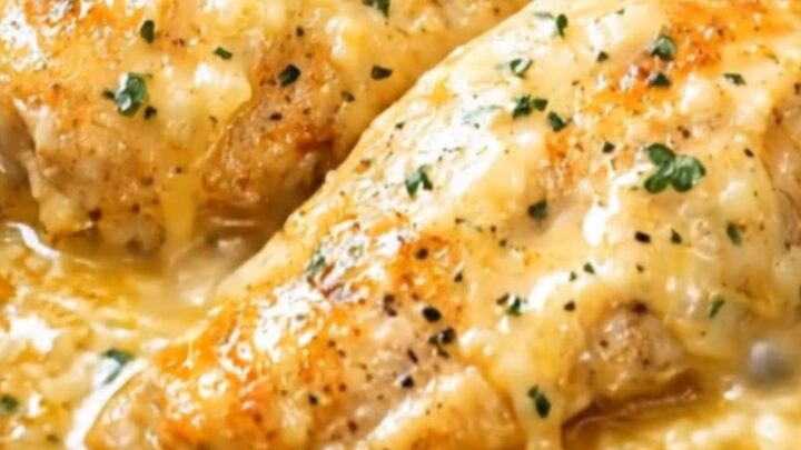 Tender chicken breasts resting in a thick, glossy parmesan cheese sauce inside a black slow cooker
