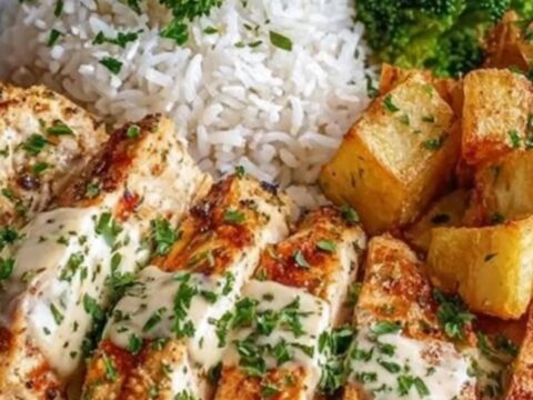 A beautifully plated meal featuring sliced golden seared chicken breast, crispy roasted potatoes, steamed broccoli, and rice