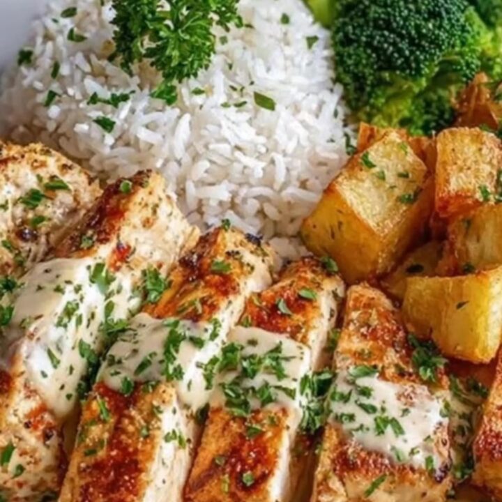 A beautifully plated meal featuring sliced golden seared chicken breast, crispy roasted potatoes, steamed broccoli, and rice