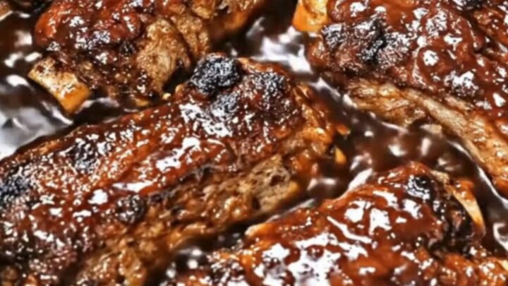 A close-up of tender, glazed country-style pork ribs glistening with thick, dark barbecue sauce inside a slow cooker.