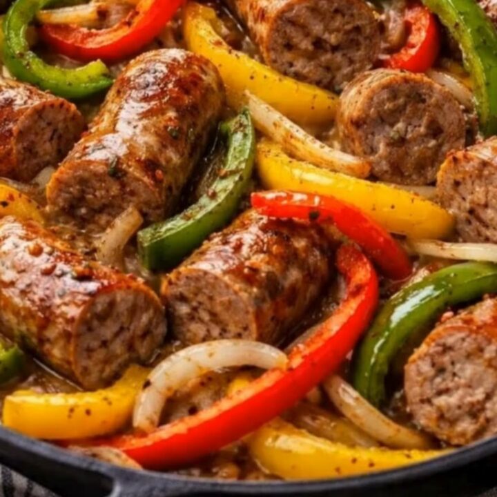 A rustic cast-iron skillet filled with browned, thick-sliced Italian sausages and vibrant red, yellow