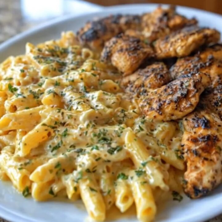Creamy garlic parmesan penne pasta topped with sliced seared chicken breast and fresh chopped parsley on a white plate.