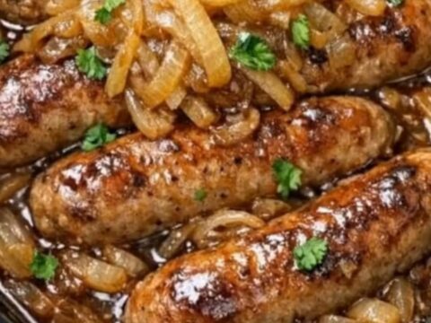 Spoons lifting juicy pork bangers smothered in rich, caramelized onion gravy inside a slow cooker.