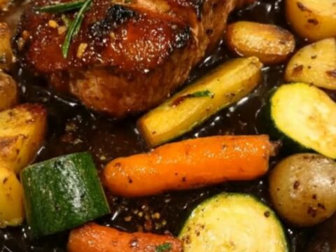 Juicy sliced herb-crusted pork loin roast arranged with roasted baby potatoes, carrots, and zucchini in a roasting pan