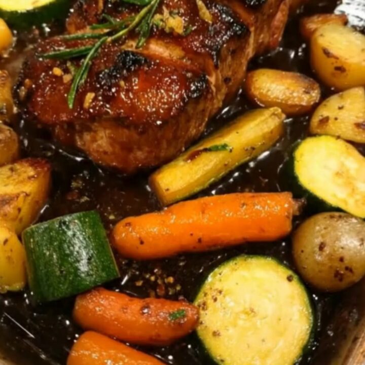 Juicy sliced herb-crusted pork loin roast arranged with roasted baby potatoes, carrots, and zucchini in a roasting pan