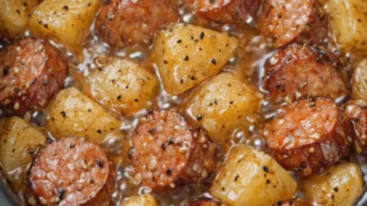 A warm bowl of tender slow-cooked Yukon Gold potatoes and savory smoked sausage slices in a glossy butter sauce.