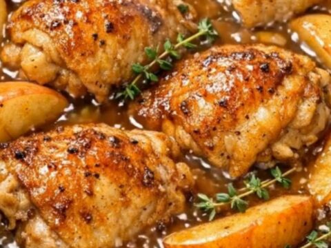 A glistening slow cooker apple cider chicken thigh garnished with fresh thyme and braised apple wedges