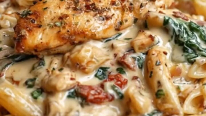 A dark bowl filled with creamy garlic penne pasta tossed with wilted spinach and topped with sliced golden seared chicken
