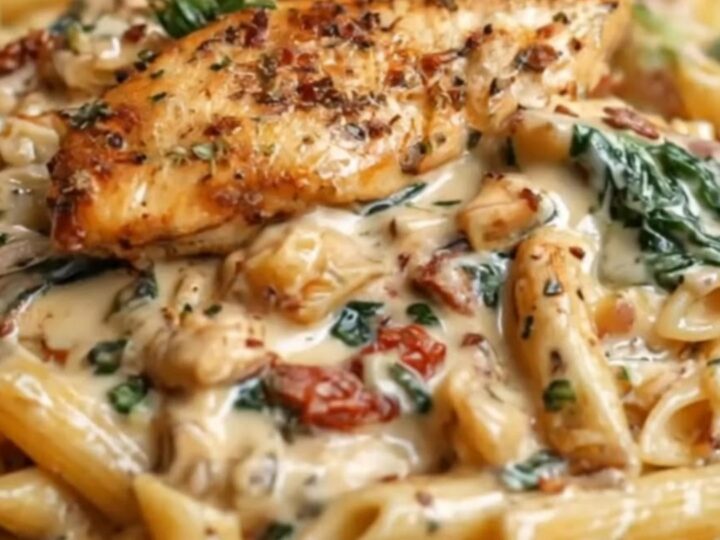 A dark bowl filled with creamy garlic penne pasta tossed with wilted spinach and topped with sliced golden seared chicken