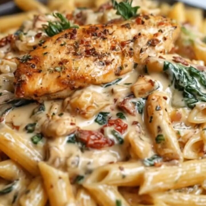 A dark bowl filled with creamy garlic penne pasta tossed with wilted spinach and topped with sliced golden seared chicken