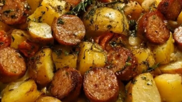 A fork piercing a crispy golden potato round beside sizzling browned smoked sausage in a cast-iron skillet