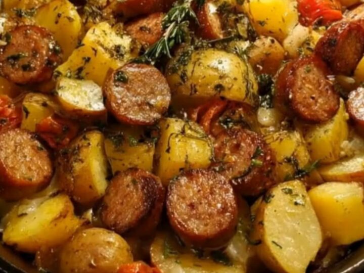 A fork piercing a crispy golden potato round beside sizzling browned smoked sausage in a cast-iron skillet