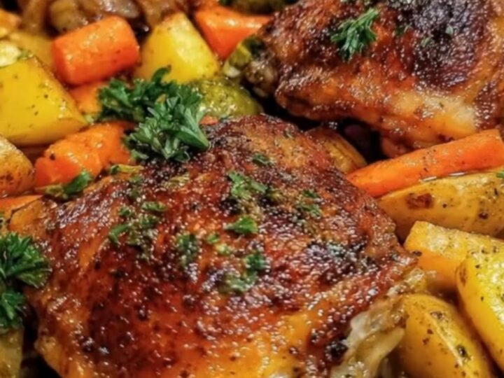 Golden-brown, crispy oven-baked chicken thighs served on a baking sheet with caramelized carrots and potatoes.