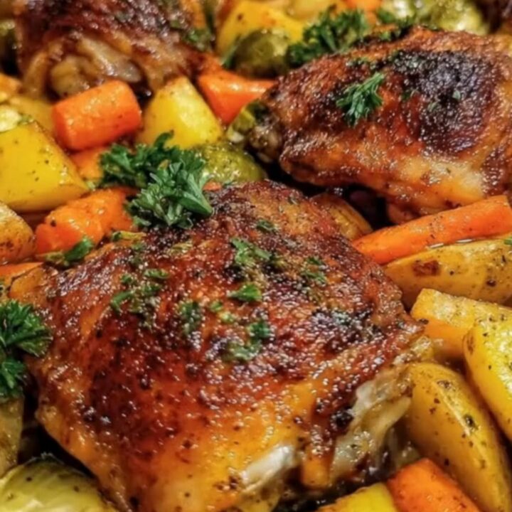 Golden-brown, crispy oven-baked chicken thighs served on a baking sheet with caramelized carrots and potatoes.