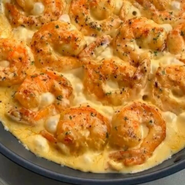 Plump golden-seared shrimp dripping with rich, velvety garlic cream sauce lifted on a fork