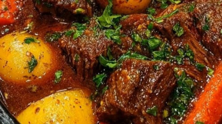 A close-up of tender slow cooker beef stew in a black cooker, topped with fresh green parsley.