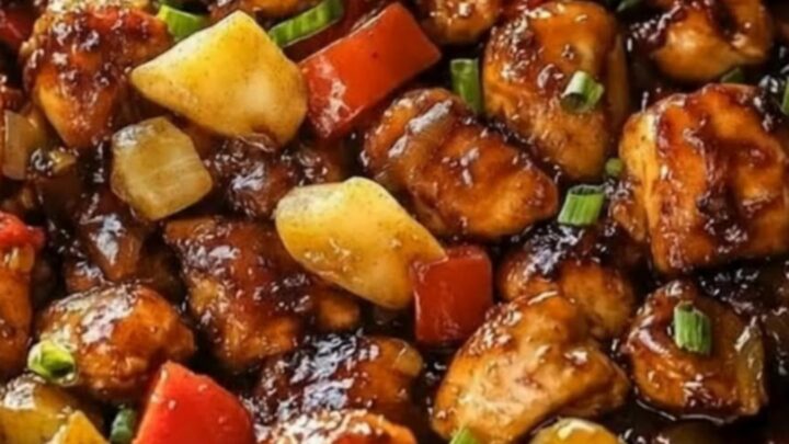 A hot skillet filled with sticky glazed chicken, juicy pineapple chunks, vibrant bell peppers, and chopped green onions.