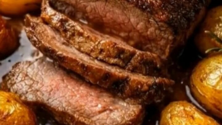 Slices of juicy garlic herb roast beef surrounded by crispy golden baby potatoes in a dark skillet.