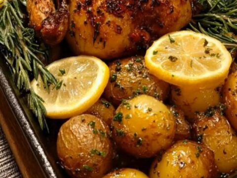 A golden-brown roasted whole chicken in a dark pan surrounded by glossy baby potatoes and charred lemon slices.