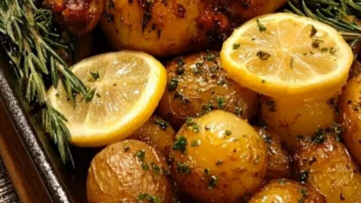 A golden-brown roasted whole chicken in a dark pan surrounded by glossy baby potatoes and charred lemon slices.