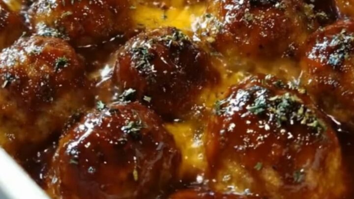 A white ceramic baking dish filled with glazed BBQ meatballs covered in melted, bubbling mozzarella cheese and parsley.