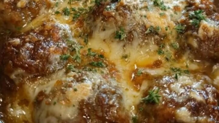 A fork lifting a tender beef meatball from a slow cooker with a long, stretchy melted cheese pull.