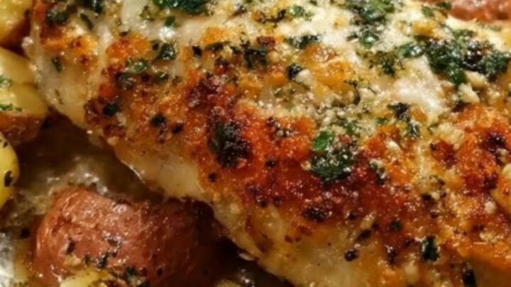 A close-up shot of a golden-brown, garlic-parmesan crusted chicken breast being sliced with a sharp knife.