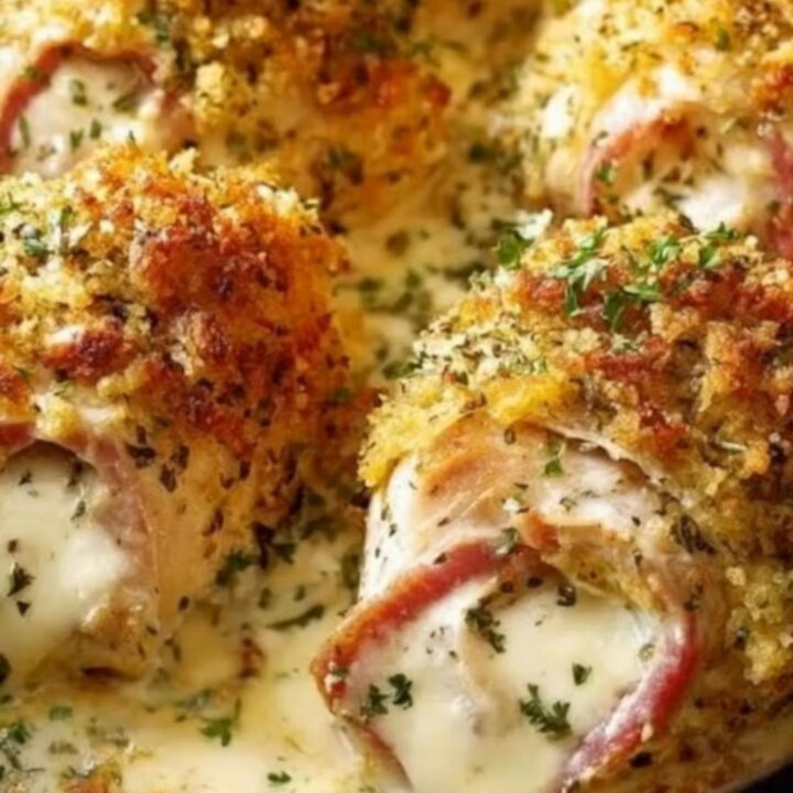 A golden, crispy bacon-wrapped chicken roll sliced open to reveal gooey melted mozzarella cheese stretching into a rich