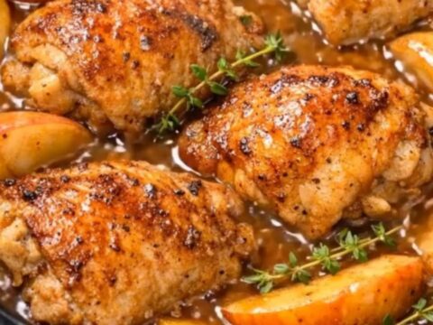 Slow-cooked browned chicken thighs with sliced apples and thyme sprigs simmering in a slow cooker