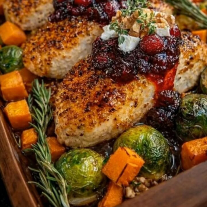 A wooden baking dish filled with glazed honey cranberry chicken, caramelized sweet potatoes, Brussels sprouts, feta