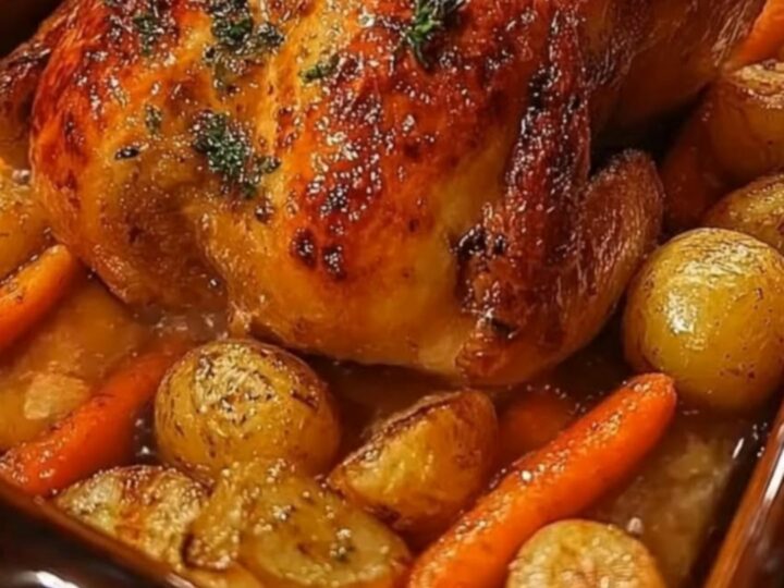 A whole honey-roasted Christmas chicken resting in a brown baking dish surrounded by golden potatoes and carrots