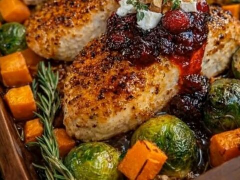 A warm wooden tray filled with roasted chicken breasts glazed in glossy honey cranberry sauce, surrounded by sweet potatoes
