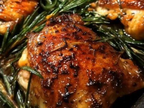 Golden-brown blistered garlic butter chicken thighs resting in a dark baking pan with fresh green rosemary sprigs.