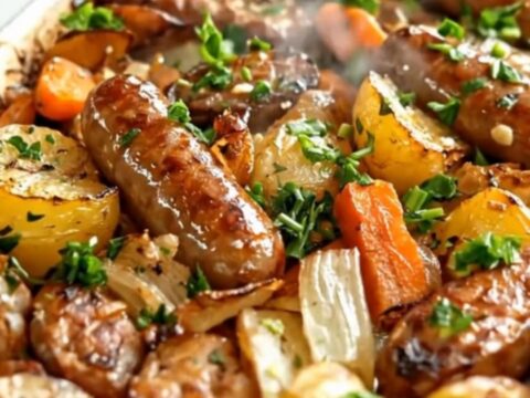 A white ceramic dish filled with plump browned pork sausages, golden roasted baby potatoes, and tender carrots