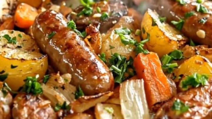 A white ceramic dish filled with plump browned pork sausages, golden roasted baby potatoes, and tender carrots