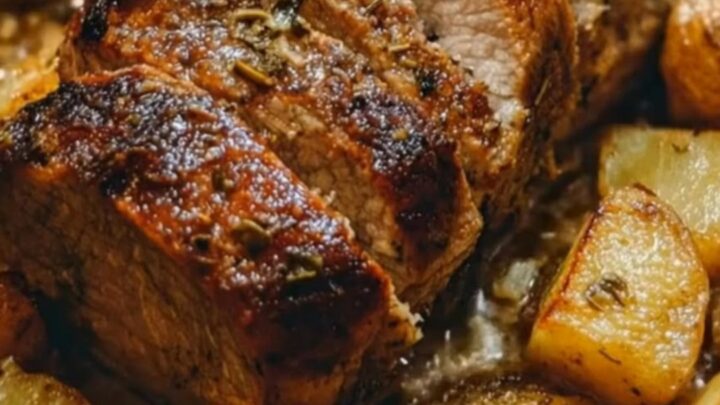 A beautifully sliced garlic herb pork roast surrounded by crispy, golden-brown potato wedges on a serving platter.