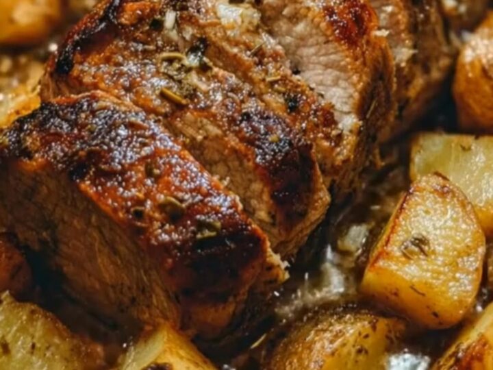 A beautifully sliced garlic herb pork roast surrounded by crispy, golden-brown potato wedges on a serving platter.