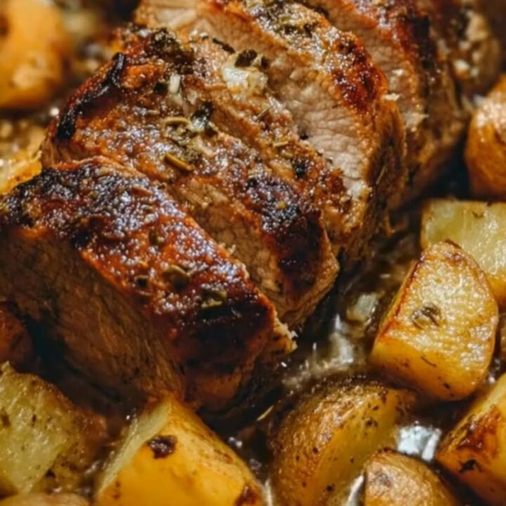 A beautifully sliced garlic herb pork roast surrounded by crispy, golden-brown potato wedges on a serving platter.