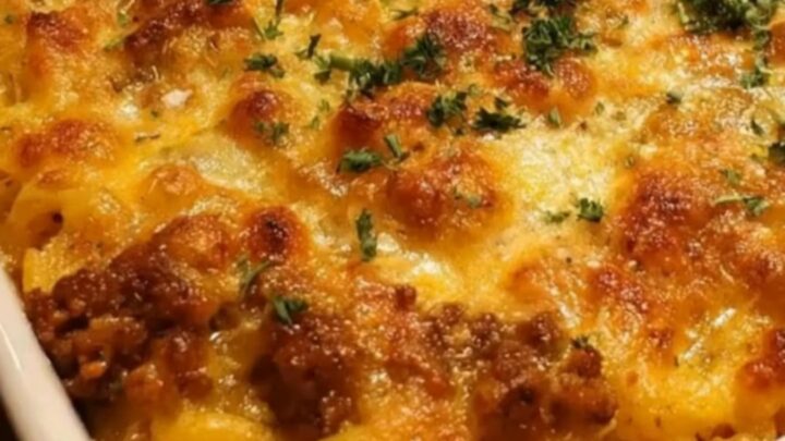 A large slice of cheesy mac and cheese meatloaf bake being lifted with a spatula, showing gooey melted cheese.