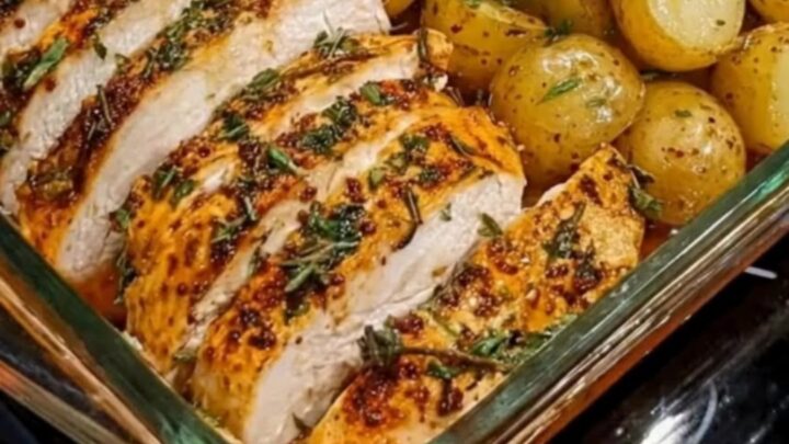 A glass baking dish filled with neatly sliced juicy herb-crusted chicken breasts, roasted halved baby gold potatoes