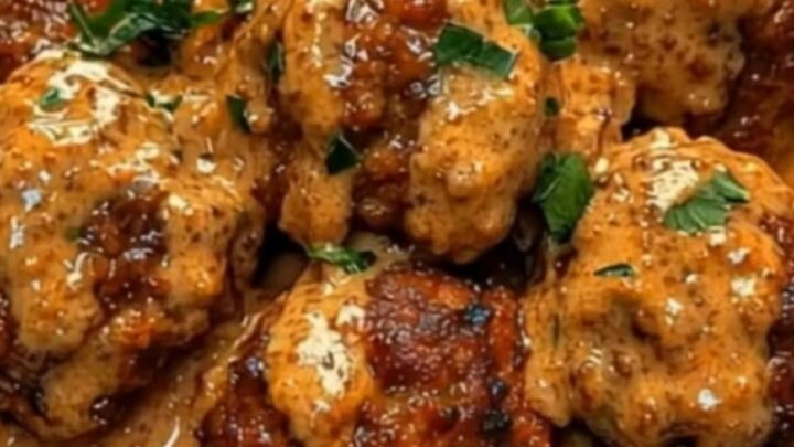 A black bowl filled with glistening, tender beef meatballs smothered in a rich, creamy red-orange chipotle sauce