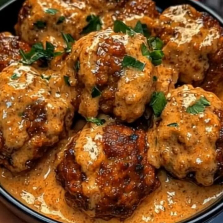 A black bowl filled with glistening, tender beef meatballs smothered in a rich, creamy red-orange chipotle sauce