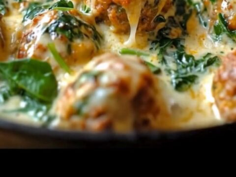 A skillet filled with golden chicken meatballs smothered in a bubbling spinach cream sauce with melted mozzarella stretch.