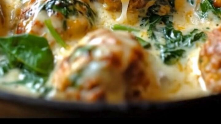 A skillet filled with golden chicken meatballs smothered in a bubbling spinach cream sauce with melted mozzarella stretch.