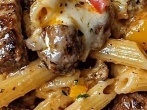A warm bowl of creamy steak bites penne pasta with seared beef cubes, melted cheese, and fresh parsley.