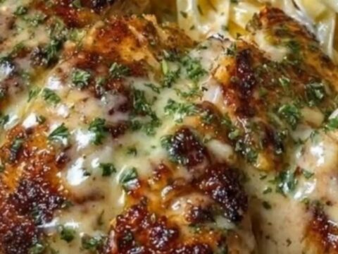 A plate of creamy fettuccine swirled next to sliced golden-brown garlic chicken with steam rising.