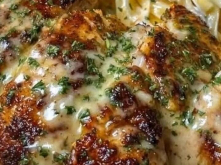 A plate of creamy fettuccine swirled next to sliced golden-brown garlic chicken with steam rising.