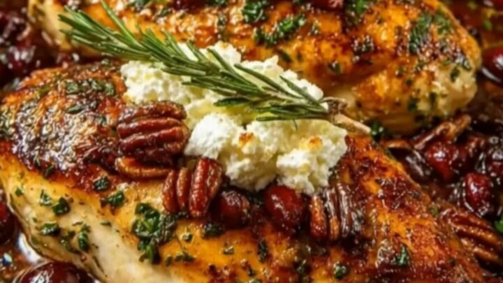 Glistening baked honey cranberry chicken breasts topped with creamy ricotta cheese, toasted pecans