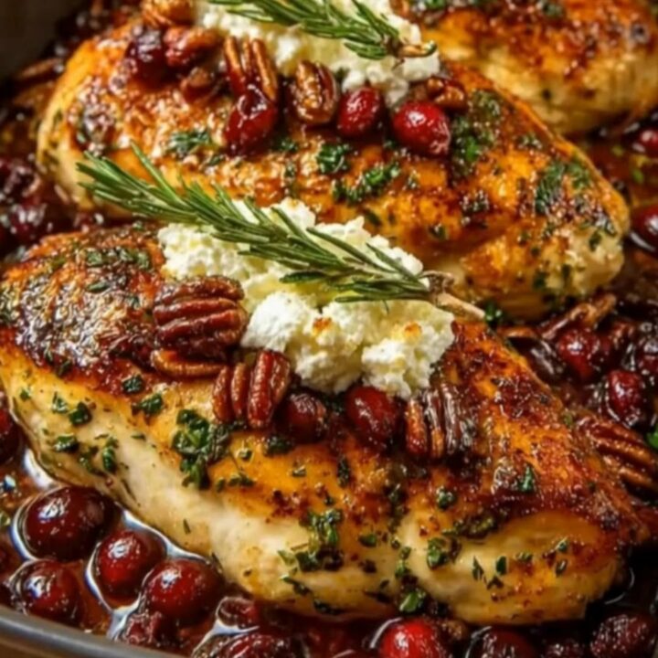 Glistening baked honey cranberry chicken breasts topped with creamy ricotta cheese, toasted pecans