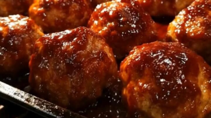 A close-up of glossy, glistening honey garlic meatballs arranged on a dark serving plate.